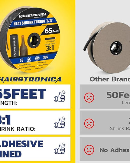 haisstronica 3:1 Heat Shrink Tubing, Shrink Ratio Adhesive Lined Marine Grade Heat Shrink Tube for Home, Automotive and Industrial (Black) 65FT 1/4inch