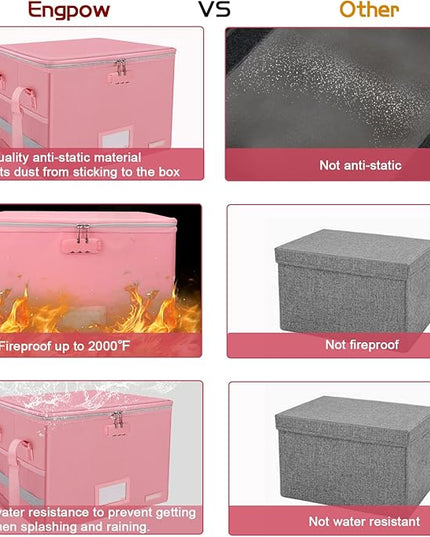 ENGPOW File Box with Lock, Fireproof Document Box with Zipper＆Pockets, Collapsible File Organizer Filing Storage Cabinet with Handle, Portable Home Office Safe for Hanging Letter/Legal Folder, Pink