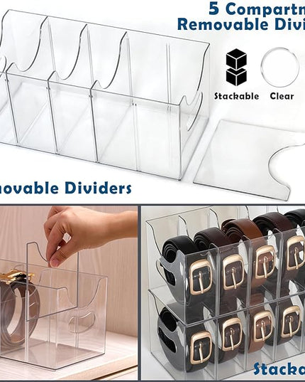 Belt Organizer - 2 Pack Clear Stackable Belt holder For Closet Drawer Storage - 5 Compartments with Removable Dividers, Multi-Purpose Display Bins With Inserts For Ties,Socks,underwear (2)