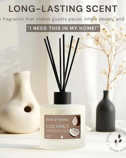 Soul & Scents Reed Diffuser Set – Coconut | 7.43 oz Refillable Scented Oil with 6 Fiber Sticks | Long-Lasting Home Fragrance & Air Freshener for Bedroom, Bathroom, Office | Gift & Décor Piece