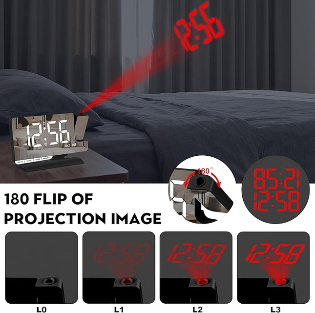SZELAM Digital Clock,Alarm Clock Bedside with Projection,7.3" Mirror Clock with 180°Rotating Projector,Dual Alarm with 3 Mode,Brightnee Adjust,DST,Snooze,Charging Port,5 Levels Volume for Desk Teens