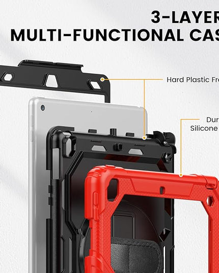 Timecity Case for iPad 9th/ 8th/ 7th Generation 10.2 inch - Heavy Duty Protective Cover with Screen Protector, Rotating Stand, Shoulder Strap & Pencil Holder | Kids-Friendly (Red)