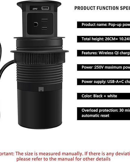 Pop Up Outlet; 15W Wireless Charger, 4 Outlets 1875W USB-A/C PD20W Super Charging 6.5FT 16AWG Cable 3.86 inch Desk Hole Pop Up Power Outlet for Kitchen Countertop,Office Table (Black)