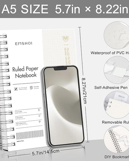 EMSHOI Lined Spiral Journal Notebook, A5 College Ruled Notebook, 300 Pages/150 Sheets, 100gsm Acid-Free Paper, Waterproof Softcover Notebook for School, Work, Note Taking, 5.7" × 8.22" - Transparent