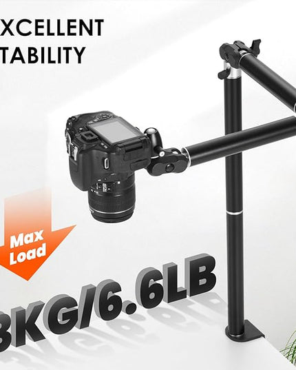 TARION Camera Desk Mount Overhead: Articulated Camera Arm Stand with Clamp 3/8'' 1/4'' Screws Adjustable Table Mount Flexible Gear Joints for DSLR, Phone, Projector TKA01-L (Upgraded Version)