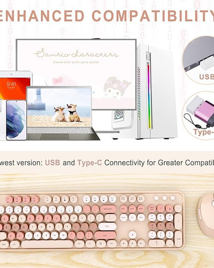 Wireless Keyboard and Mouse Combo, Ergonomic Full Size Typewriter Retro Round Keycaps Keyboard, Compatible with Windows, PC, Perfer for Home and Office Keyboards (Chocolate Color)
