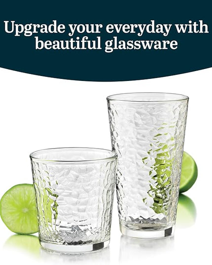 Libbey Yucatan Tumbler and Rock Drinking Glasses Set, Textured 16 Piece Glassware Set, All Purpose Glass Cups for Events and Everyday Use