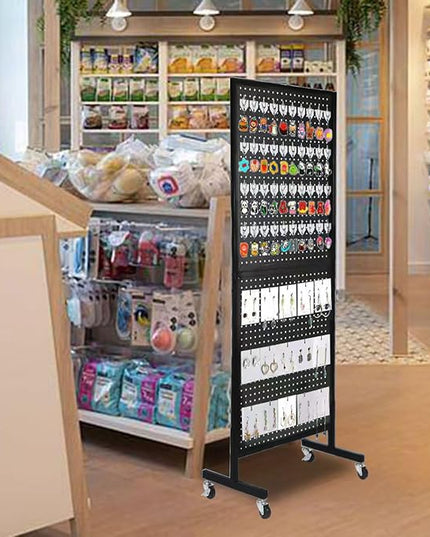 2'x 5' Standing Pegboard Display with T-Base, Pegboard Display Stand with Wheels, Metal Peg Board Display Rack, Art Display Stand, Extra 10 Pieces Hooks - Black
