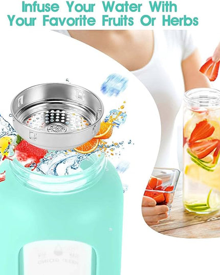 32 oz Glass Water Bottle with Straw - Motivational Time Marker & Silicone Sleeve - Reusable Tumbler Includes 2 Bamboo Lids & Fruit Infuser - 1 Pack