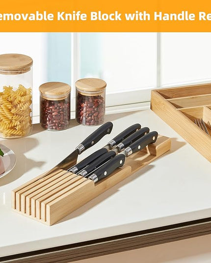 Small-Bamboo-Silverware-Drawer-Organizer, Expandable Utensil Kitchen Cutlery Tray Flatware Organization Adjustable Wood Tableware Dividers Storage (with Removable Knife Block)(Natural)
