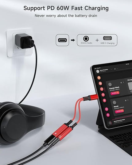 Marsno USB C to 3.5mm Headphone and Charger Adapter, 2-in-1 USB Type C to Aux Audio Jack Splitter, PD 60W Fast Charging Dongle for iPhone 17/16/15, Galaxy S25/S24/S23, iPad Pro, Pixel (Red)