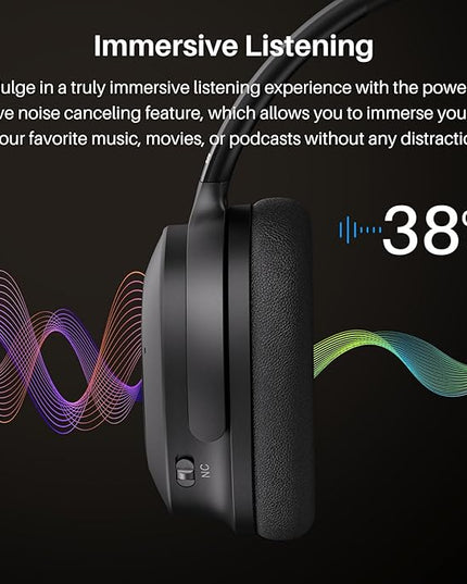TOZO Hybrid Active Noise Cancelling Headphones, Wireless Over Ear Bluetooth Headset, 40H Playtime, Hi-Res Audio Custom EQ via App Deep Bass Comfort Fit Ear Cups, for Home Office Travel Black