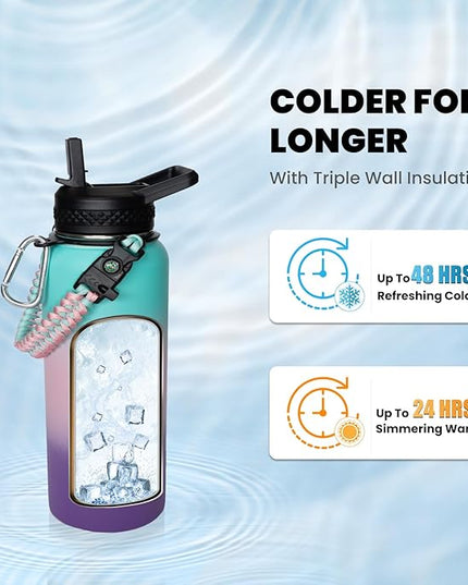 Insulated Water Bottle 32 oz, Triple Wall Vacuum Stainless Steel (Cold for 48 Hrs), Leak Proof & Non-BPA, Modern Water Flask Jug with Paracord Handle & Straw Spout Lids, Hydrangea