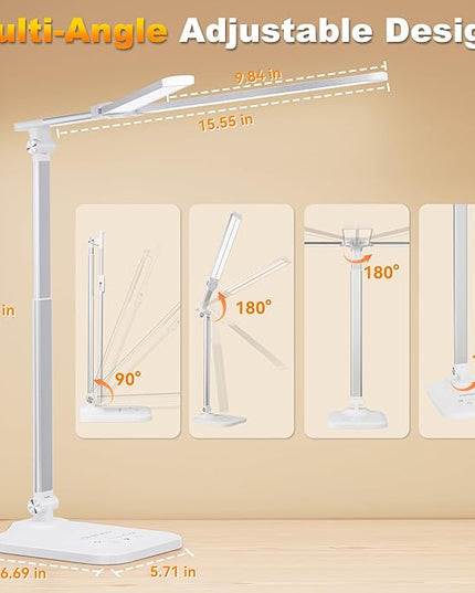 LED Desk Lamp for Office Home, Height Adjustable Architect Desk Light with USB Adapter, Stepless Dimming 50 Lighting Modes, Eye Caring Double Head Computer Desk Lamp for Reading, Study, Workbench