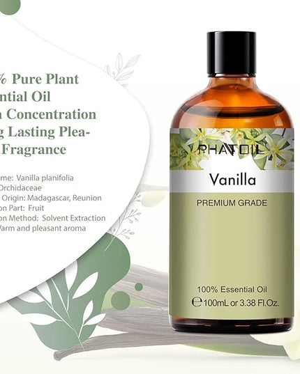 PHATOIL 100ML Vanilla Essential Oil, Huge 3.38fl.oz Bottle Vanilla Oil, Pure Aromatherapy Essential Oils for Diffuser, Humidifier, Scented Oils for Soap, Candle Making