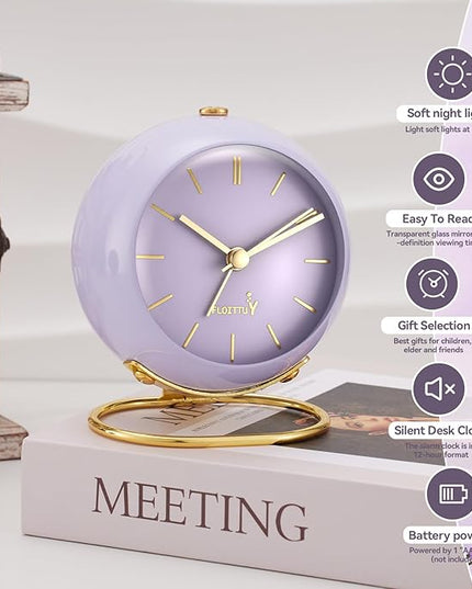 FLOITTUY Silent Table Analog Alarm Clock No Ticking, Lighted on Demand and Battery Operated, Beep Sounds, Small Desk Clock(Air Purple)