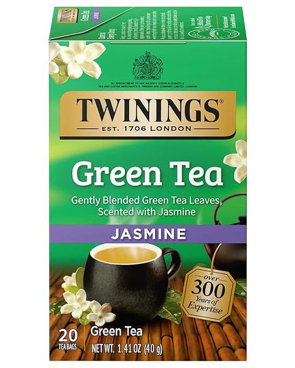 Twinings Green Tea with Jasmine Individually Wrapped Bags, 20 Count (Pack of 1), Fragrant Floral Scent, Caffeinated, Enjoy Hot or Iced, 20 Teabags