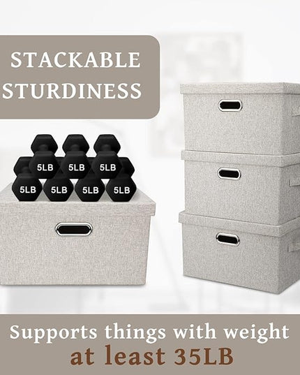 Medium 15" 21 Quart Collapsible Stackable Storage Bins with Lids, 1 Pack Beige Foldable Fabric Closet Storage Boxes with Lids, Heavy-duty Linen Baskets for Bedroom