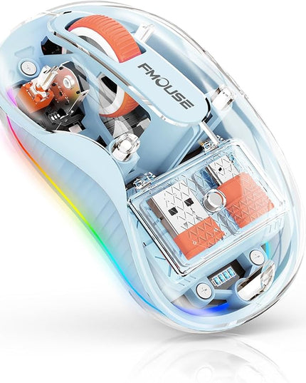 Unique Transparent Wireless Mouse, Dual Bluetooth & 2.4GHz for Multi Device, USB-C Receiver Ideal for MacBook/Laptops, Rechargeable, Silent, Portable, Cool LED, Enhanced Durability - Blue