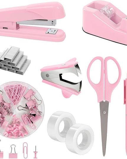 SKYDUE Pink Office Desk Accessories, Pink Office Supplies, Stapler, Tape Dispenser, Scissors, Clips and 1000pcs Staples,Office Supplies for Desk for Women