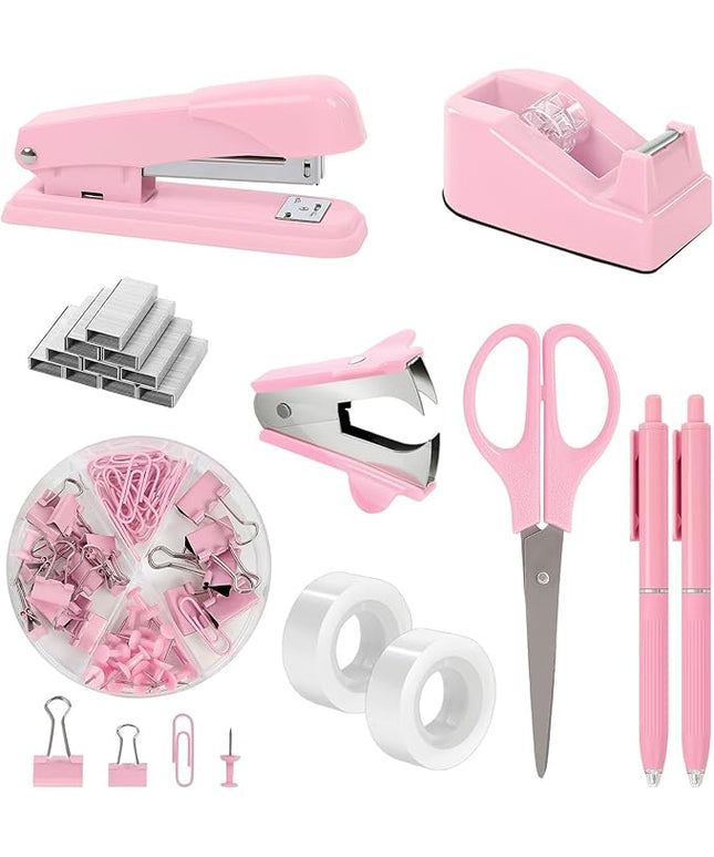 SKYDUE Pink Office Desk Accessories, Pink Office Supplies, Stapler, Tape Dispenser, Scissors, Clips and 1000pcs Staples,Office Supplies for Desk for Women