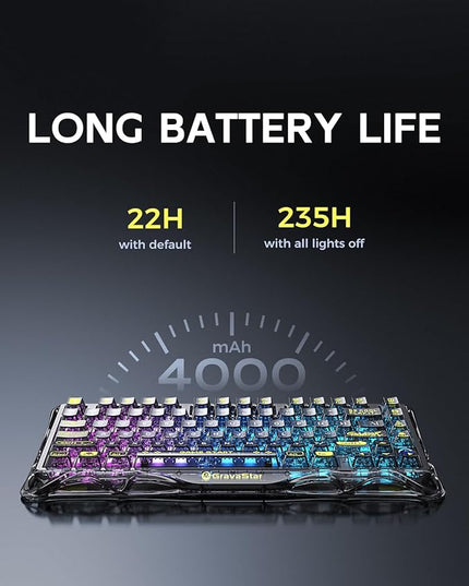 GravaStar Mercury K1 Lite 75% Gaming Keyboard, 2.4GHz/BT/Wired Tri-Mode Wireless Keyboard, Gasket Hot Swappable Mechanical Keyboard, Pre-lubed Linear Switches, RGB Backlit (Transparent Black)