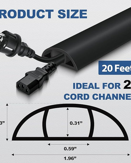 Floor Cord Cover for Wires on Floor Self Adhesive Cord Hider Floor Cable Management Wire Covers for Cords Protector Prevent Cable Trips Cord Cavity W 0.59" x H 0.31", Black, 20Ft