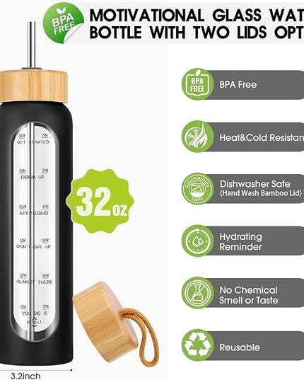 32 oz Glass Water Bottle with Straw - Motivational Time Marker & Silicone Sleeve - Reusable Tumbler Includes 2 Bamboo Lids & Fruit Infuser - 1 Pack