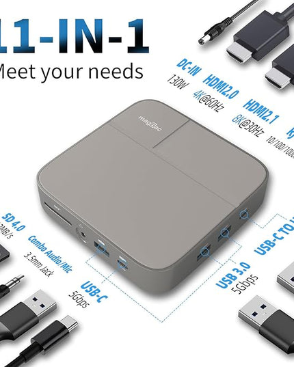 USB C Docking Station Dual Monitor 4K@60Hz or Single 8K@30Hz with 2 HDMI for Windows Laptops,11-in-1 Laptop Docking Station with 5 USB A/C, SD, Gigabit Ethernet, Audio, 130W AC Power Supply