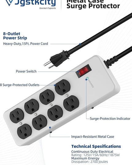 Heavy Duty Power Strip,Industrial Heavy Metal Case Surge Protector,8 AC Outlets,15Amp,2700 Joules,Protected' Indicator,14 Gauge Cord (Grey, 15FT Length)