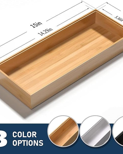 Bamboo Drawer Organizer, Stackable Utensil Organizer for Kitchen, Bamboo Storage Box Wood Silverware Tray for Drawer 15" x 6" x 2" Set of 2