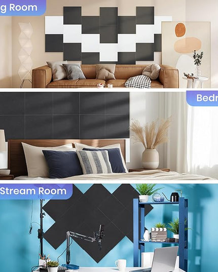 Focusound 18 Pack Sound Proof Panels for Walls, Self-Adhesive Acoustic Panels Sound Absorbing, 12" X 12" X 0.4" High Density Square Soundproof Wall Panels