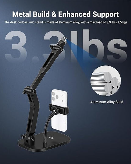 NEEWER Desk Microphone Stand with Phone Clamp & Flexible Arm, Adjustable Table Top Mic Holder Mount with 1/4" to 5/8" Screw Adapter Compatible with Blue Yeti Razer Seiren Mini, Max Load 3.3 lbs, MS022