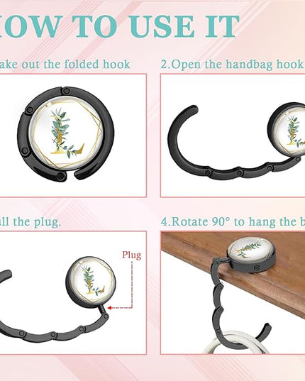 Gold Initial Foldable Purse Hook Gifts, Eucalyptus Letter Handbag Hanger, Women's Bag Hanger Holder, Round Purse Table Hook, Funny Desk Decor Gifts for Women Coworker Friend (Eucalyptus L)