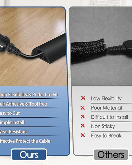 Floor Cord Cover for Wires on Floor Self Adhesive Cord Hider Floor Cable Management Wire Covers for Cords Protector Prevent Cable Trips Cord Cavity W 0.32" x H 0.32", Black, 20Ft