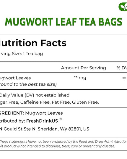 FreshDrinkUS, Premium 90 Mugwort Leaf Tea Bags, 100% Natural and Pure Mugwort Leaves. No Sugar, No Caffeine, No Gluten, Vegan.