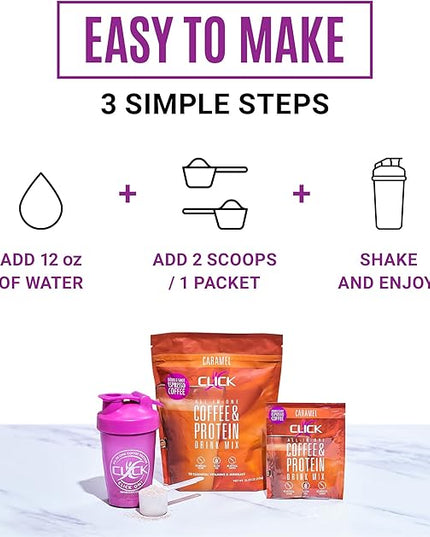 Click Coffee Protein Powder | Double Shot Espresso | 16g Protein | 23 Essential Vitamins | Low Calorie Meal Replacement | 150mg Caffeine | Gluten Free | No Artificial Flavors or Colors | Caramel
