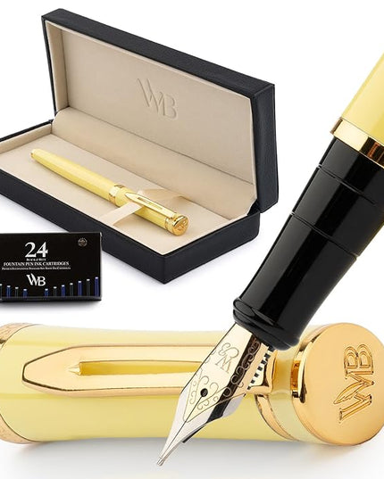 Wordsworth & Black Fountain Pen Set, 18K Gilded Medium Nib, Includes 24 Pack Ink Cartridges, Ink Refill Converter & Gift Box, Gold Finish, Calligraphy, [Yellow], Perfect for Men & Women