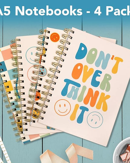 Cute Notebooks for School 4 Pack, A5 5.8 x 8.3 inch Happy Face Hardcover Notebooks for Work, Retro Aesthetic Notebooks College Ruled, Cute Spiral Journal for Women, Back to School Notebook for Kids