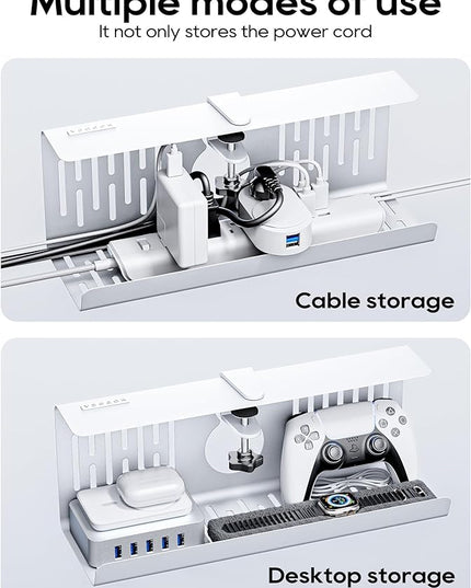 NODOCA No Drill Under Desk Cable Management Tray, 14'' Wire Management, Punch-Free Clamp on, Metal Cable Tray, Wire Organizer Under Desk, Under Desk Basket for Office and Home, White(2 Packs)