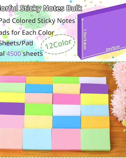 60 Pack Sticky Notes 1.5x2 in, Small Self Stick Note, 12 Color Mini Sticky Notes Pad Bulk, Assorted Bright Colors Paper Memo Pads for Office School Notebook Supplies, 75 Sheets/pad 4500 Sheets