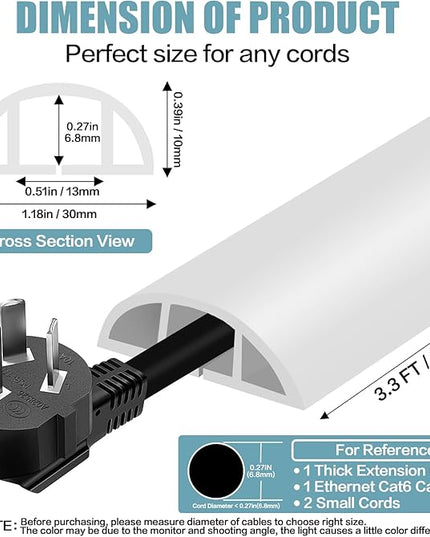 Floor Cord Cover Self Adhesive Cord Hider,3.3FT Cable Management, Extension Strip Protector for Wires, Prevent Cable Trips for Offices, Gyms, Exhibitions Cavity:0.39"(W) x 0.27"(H) White