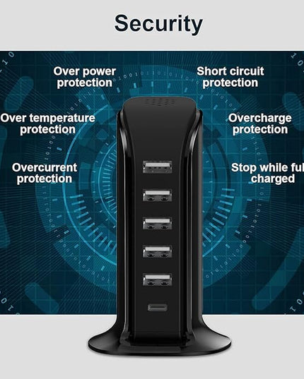 Charger Block 6 in 1 Upoy, 40W USB C Charger 3A, Charging Hub with 5 USB Ports(Shared 6A) for Multiple Electronics, USB Charging Station Multiports, Universal Desktop Phone Charger Travel Ready, Black