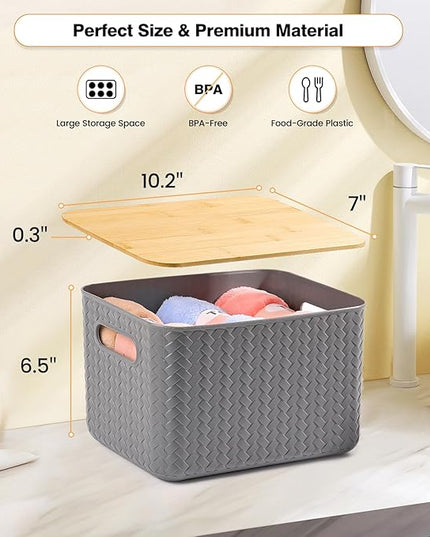 4 Packs Storage Bins with Bamboo Lids - Plastic Storage Containers with Lids Stackable Storage Box：Storage Baskets for Organizing Desktop Closet Playroom Classroom Office,Gray