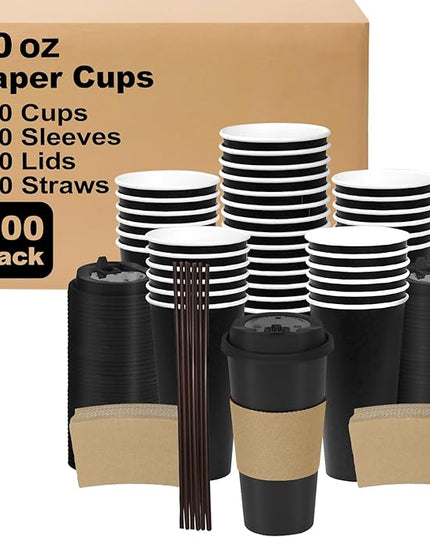 Coolcap 20 oz 500 Pack Coffee Cups with Lids and Sleeves, Straws, Hot Disposable To Go Travel Paper Cups Bulk for Office, Home Coffee Bar Accessories, Chocolate, Cocoa, Beverage (Black)