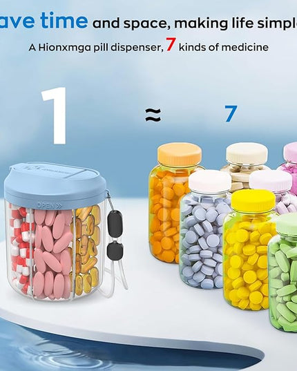 Pill Dispenser with 7 Large Compartments, 4.4" H x 3.6" Dia Pill Bottle Organizer for Travel, Supplement Organizer with Anti-Mixing Design, BPA-Free Pill Container with 20 Pcs Labels, Blue