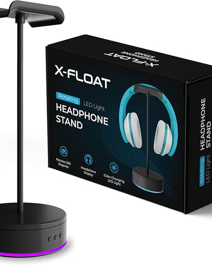 Rotating Headphone Display Stand for Desk with LED Lights - Spinning Gaming Headset Stand (Black)