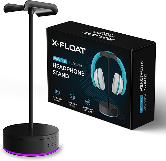 Rotating Headphone Display Stand for Desk with LED Lights - Spinning Gaming Headset Stand (Black)