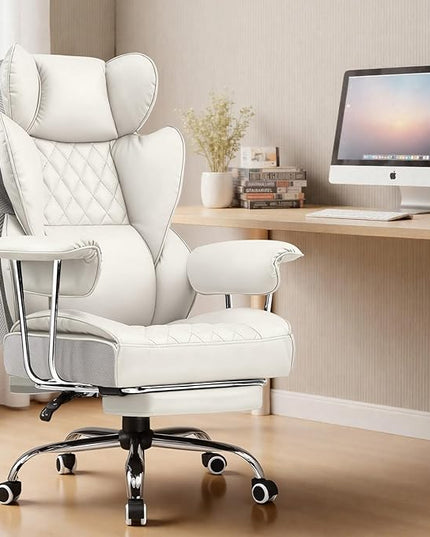 COMHOMA Big and Tall Office Chair, High Back Leather Gaming Chair with Footrest, Executive Ergonomic Office Chairs with Pocket Spring Lumbar Support and with Outward Fixed Soft Armrests