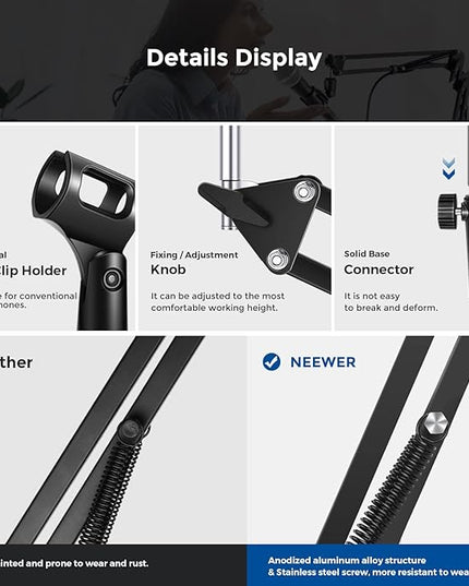Neewer Microphone Arm Stand, Suspension Boom Scissor Mic Arm Stand with 3/8” to 5/8” Screw and Cable Ties Compatible with Blue Yeti, Snowball, Yeti X, Quadcast and Other Mics, Max Load 1.5kg